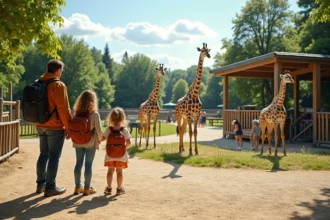 Famille visitant le zoo d'Annecy devant l'enclos des girafes avec panneaux d'information en français