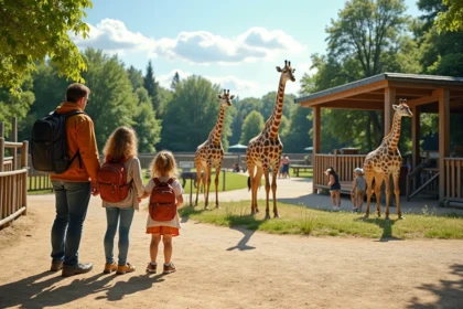 Famille visitant le zoo d'Annecy devant l'enclos des girafes avec panneaux d'information en français