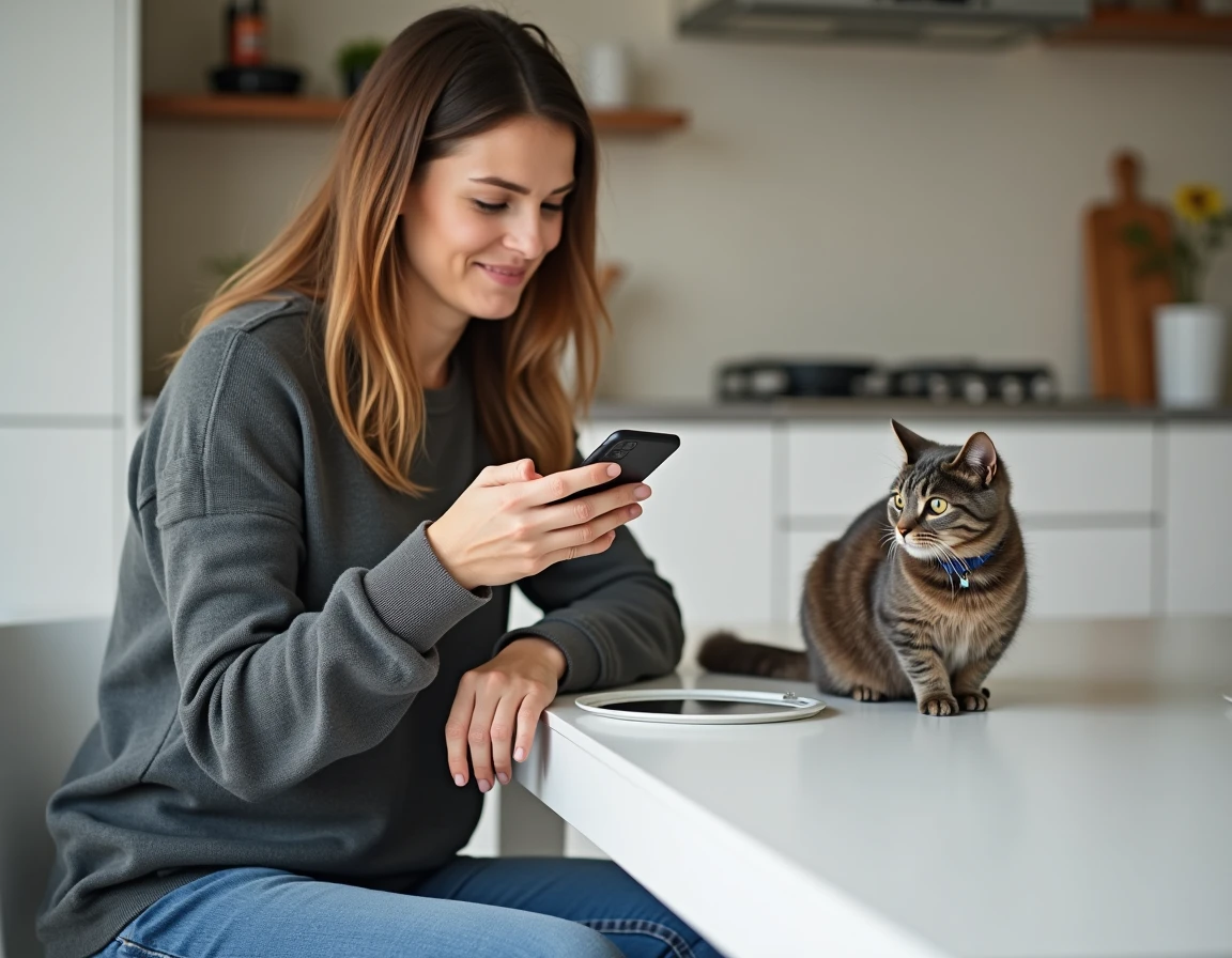 Femme vérifiant l'abonnement GPS de son chat sur smartphone à la maison