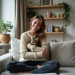 Jeune femme tenant un chaton tabby dans un appartement parisien moderne, idéal pour illustrer l'adoption d'un chaton en appartement