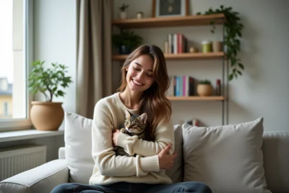 Jeune femme tenant un chaton tabby dans un appartement parisien moderne, idéal pour illustrer l'adoption d'un chaton en appartement
