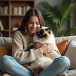 Femme souriante avec chat Ragdoll dans un salon chaleureux
