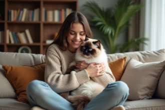 Femme souriante avec chat Ragdoll dans un salon chaleureux