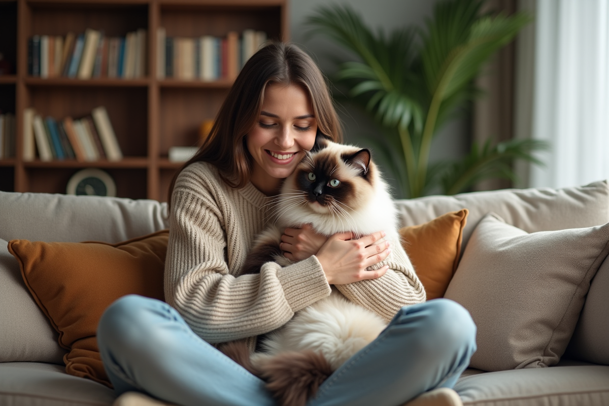 Femme souriante avec chat Ragdoll dans un salon chaleureux