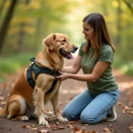 Femme ajustant un harnais rembourré sur un Golden Retriever assis sur un sentier forestier en automne