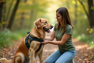 Femme ajustant un harnais rembourré sur un Golden Retriever assis sur un sentier forestier en automne
