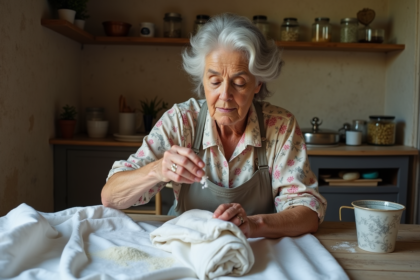 Femme âgée saupoudrant du sel sur des draps blancs dans la cuisine