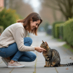 Femme en jeans caressant un chat tigré dans la rue