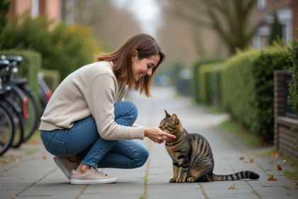Femme en jeans caressant un chat tigré dans la rue