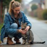 Femme pratique avec chat gris dans une rue résidentielle