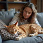 Femme observant son chat roux sur le canapé