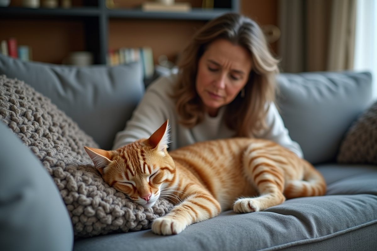 Femme observant son chat roux sur le canapé