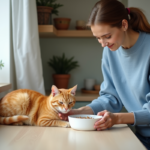 Femme posant un bol de nourriture pour chat dans une cuisine chaleureuse