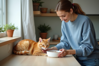 Femme posant un bol de nourriture pour chat dans une cuisine chaleureuse
