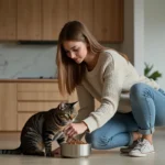 Jeune femme donnant à manger à un chaton dans la cuisine