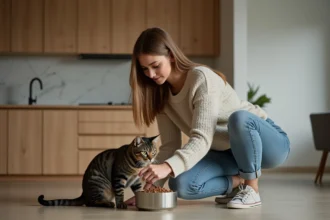 Jeune femme donnant à manger à un chaton dans la cuisine
