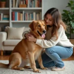 Jeune femme avec un chien adopté dans un intérieur chaleureux