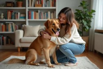 Jeune femme avec un chien adopté dans un intérieur chaleureux