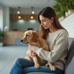 Jeune femme avec chien golden retriever dans une salle d'attente