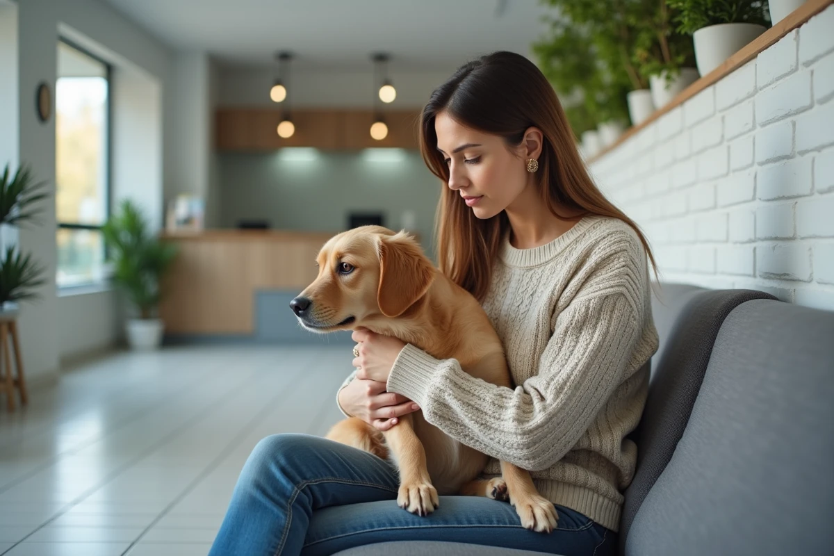 Jeune femme avec chien golden retriever dans une salle d'attente