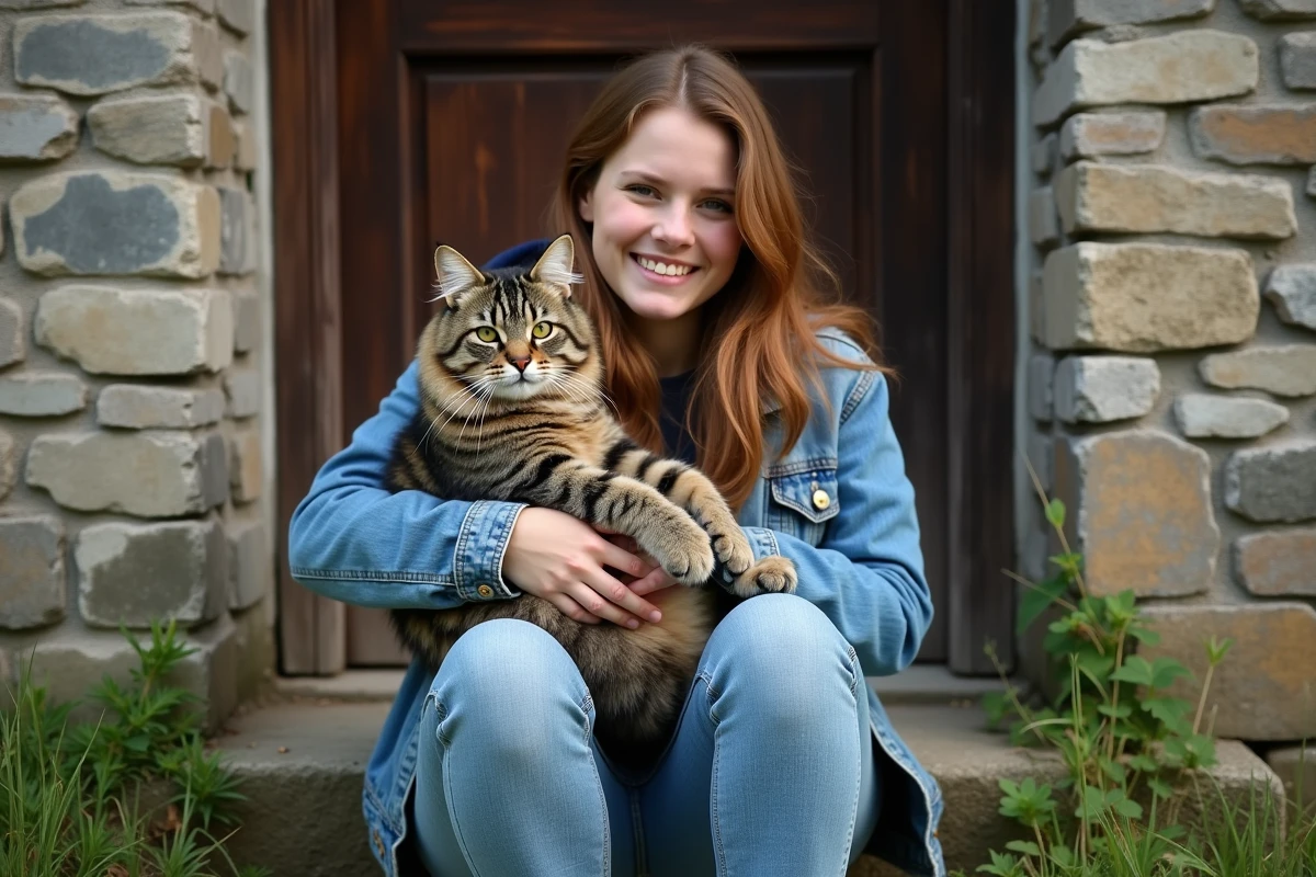 Jeune femme tenant un grand Maine Coon devant une ferme
