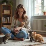 Femme détendue avec des chatons dans un salon chaleureux