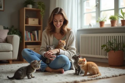 Femme détendue avec des chatons dans un salon chaleureux