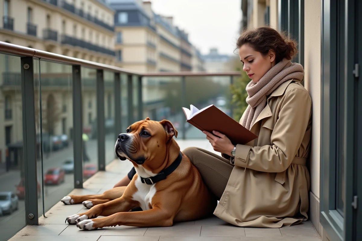 Femme française avec chien American Bully XXL sur balcon parisien