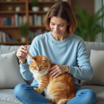 Femme coiffant un chat roux sur son fauteuil