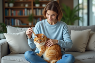 Femme coiffant un chat roux sur son fauteuil