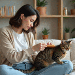 Jeune femme caressant un chat tacheté dans un salon cosy