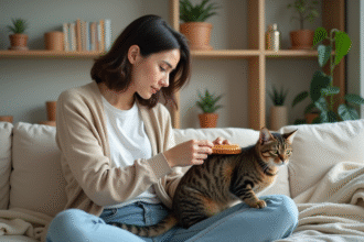 Jeune femme caressant un chat tacheté dans un salon cosy