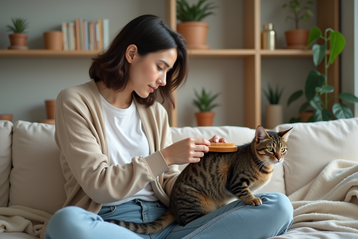 Jeune femme caressant un chat tacheté dans un salon cosy