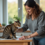 Femme caressant son chat tabby sur la table de cuisine