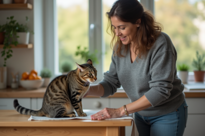 Femme caressant son chat tabby sur la table de cuisine