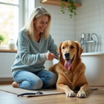 Femme souriante brossant un golden retriever dans une salle de bain lumineuse