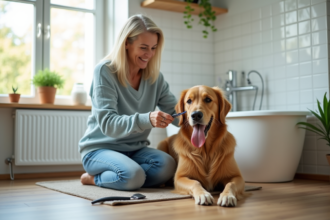 Femme souriante brossant un golden retriever dans une salle de bain lumineuse