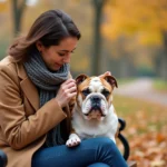 Femme vérifiant les oreilles d'un bulldog en automne