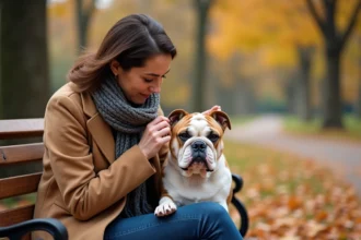 Femme vérifiant les oreilles d'un bulldog en automne