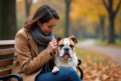 Femme vérifiant les oreilles d'un bulldog en automne