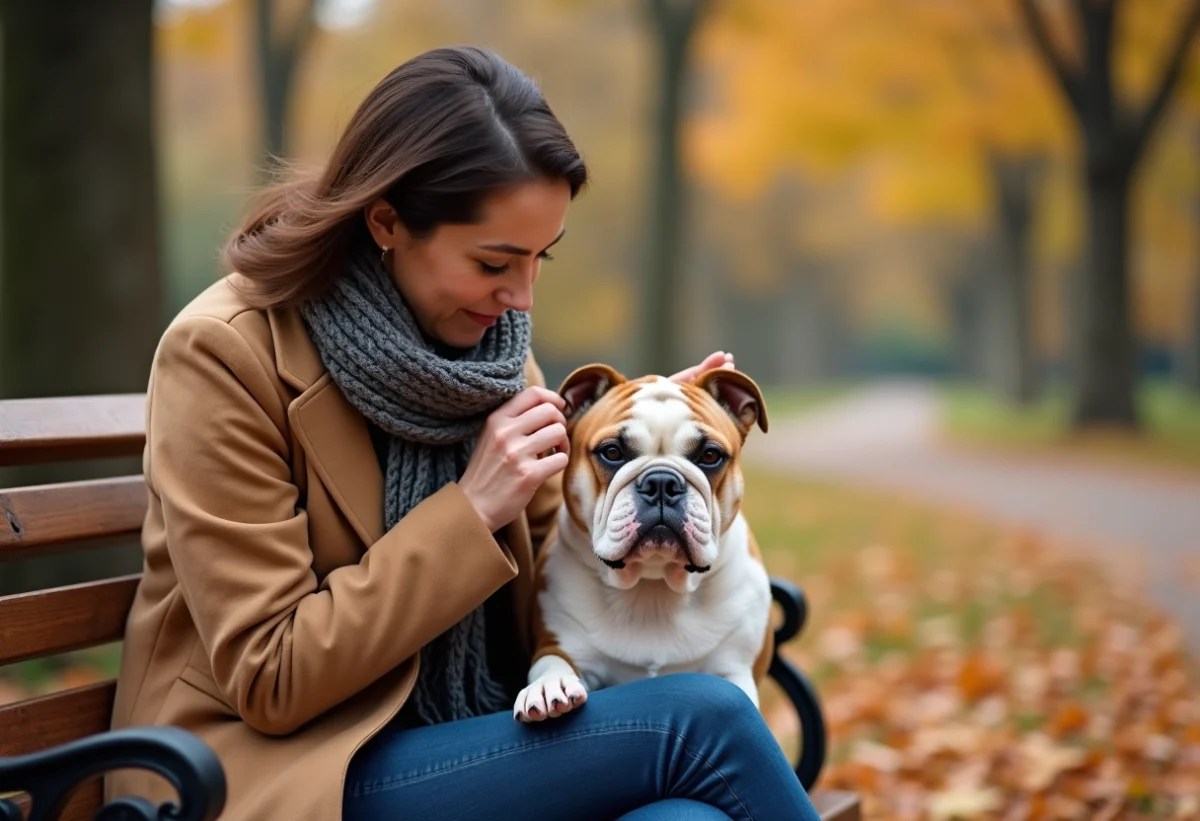 Femme vérifiant les oreilles d'un bulldog en automne