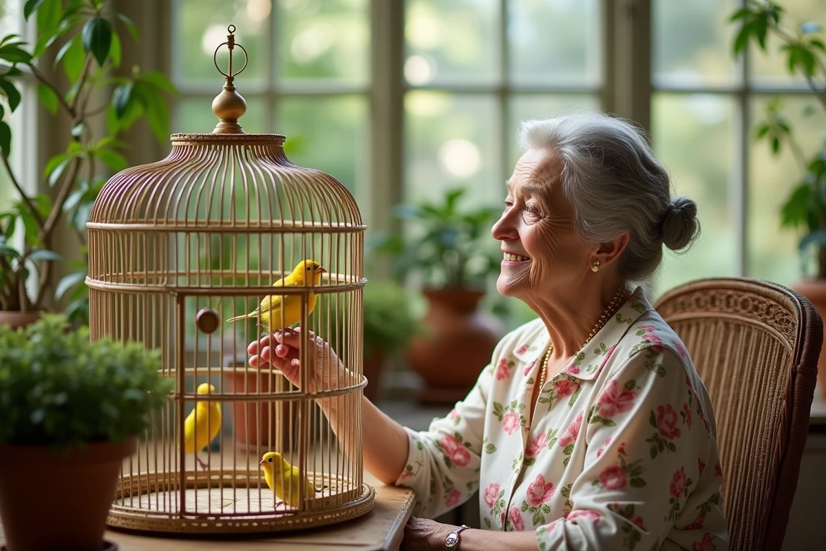 Femme âgée souriante avec des canaris dans une cage dorée dans une véranda, illustrant le choix d'un prénom pour son oiseau de compagnie