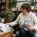 Femme avec chat british shorthair dans un salon chaleureux