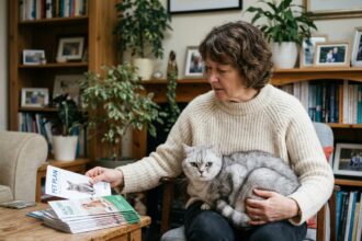 Femme avec chat british shorthair dans un salon chaleureux