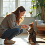 Jeune femme appelle son chat dans un salon lumineux