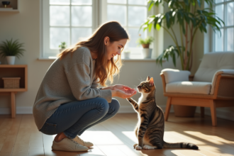 Jeune femme appelle son chat dans un salon lumineux