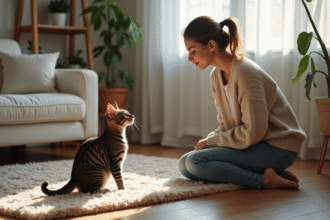 Jeune femme appelle son chat tigré dans le salon chaleureux