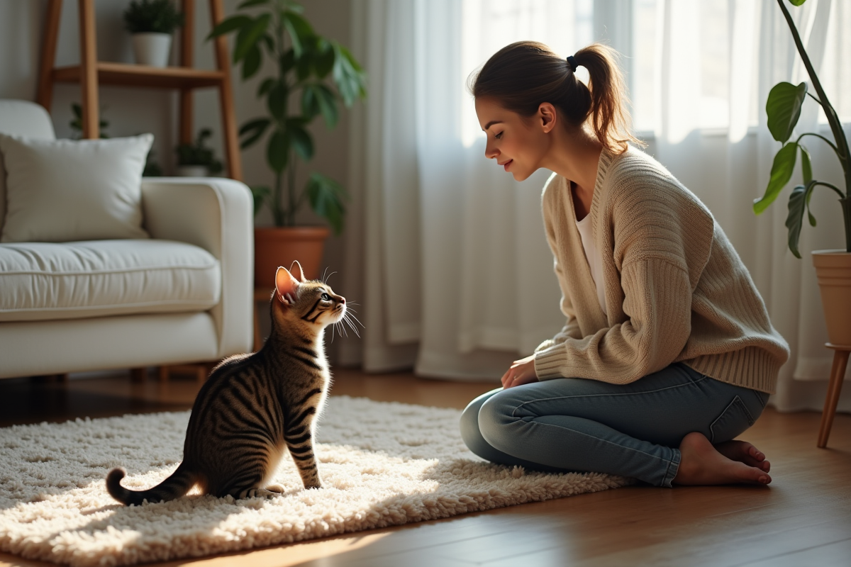 Jeune femme appelle son chat tigré dans le salon chaleureux