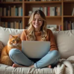 Jeune femme riant devant son ordinateur portable avec un chat tigré orange assis à ses côtés sur un canapé beige