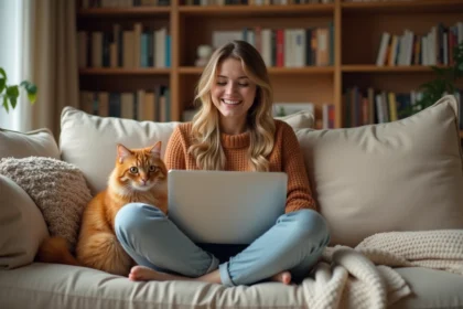 Jeune femme riant devant son ordinateur portable avec un chat tigré orange assis à ses côtés sur un canapé beige